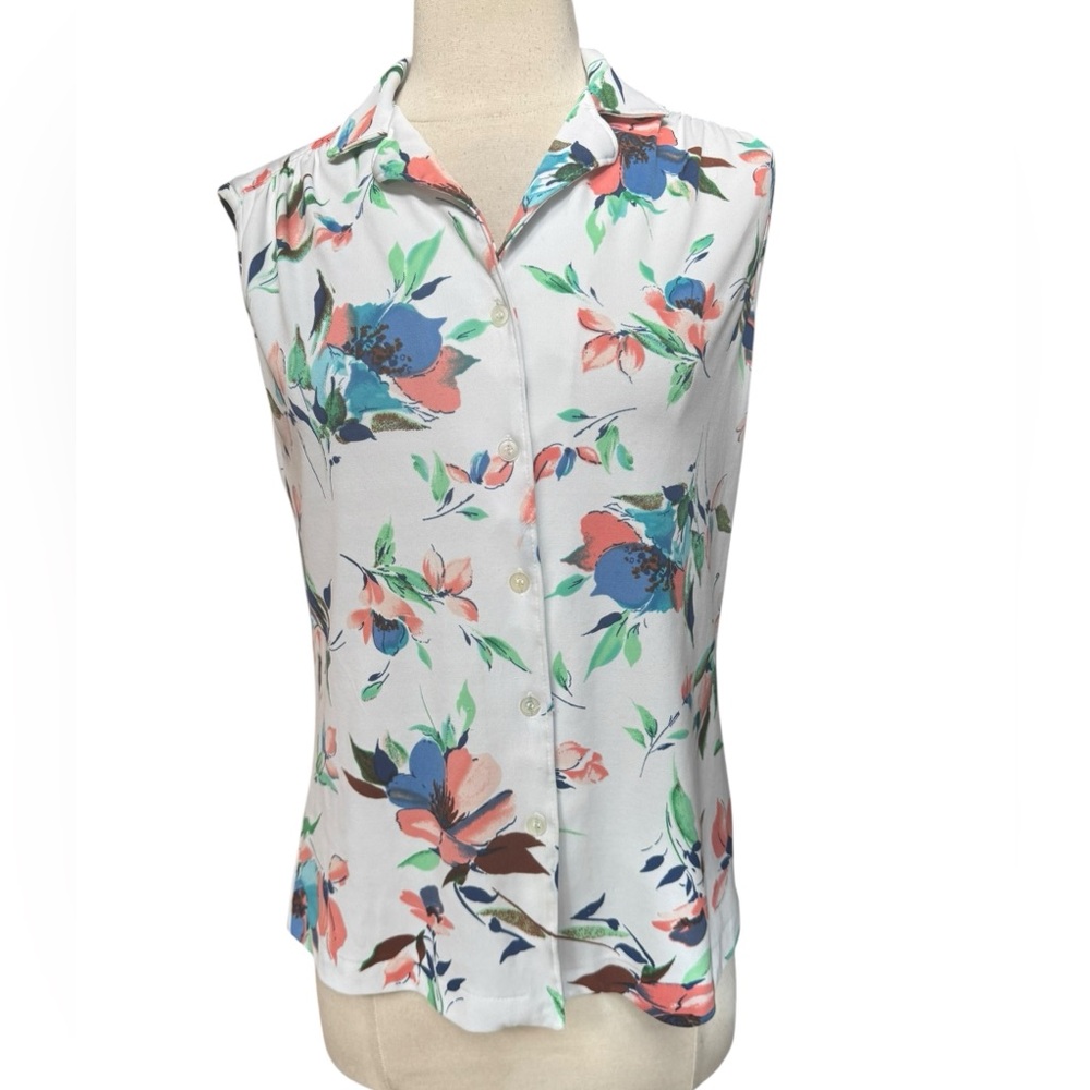 1970s Sears The Shirt 100% Polyester Perma-Prest Sleeveless Floral Button Down S